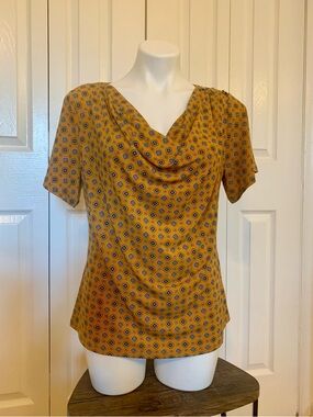 Michael Kors Mustard Printed Cowl-Neck Short Sleeve Top